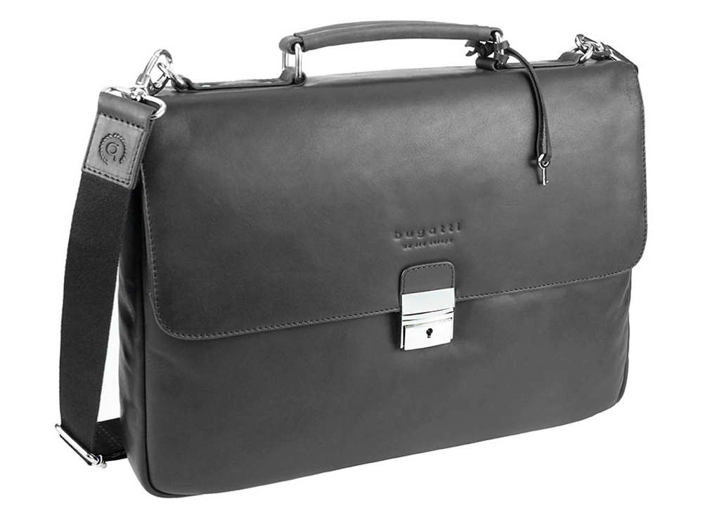 Портфель BUGATTI Romano 15, чёрный, натуральная воловья кожа, 39х8х30 см